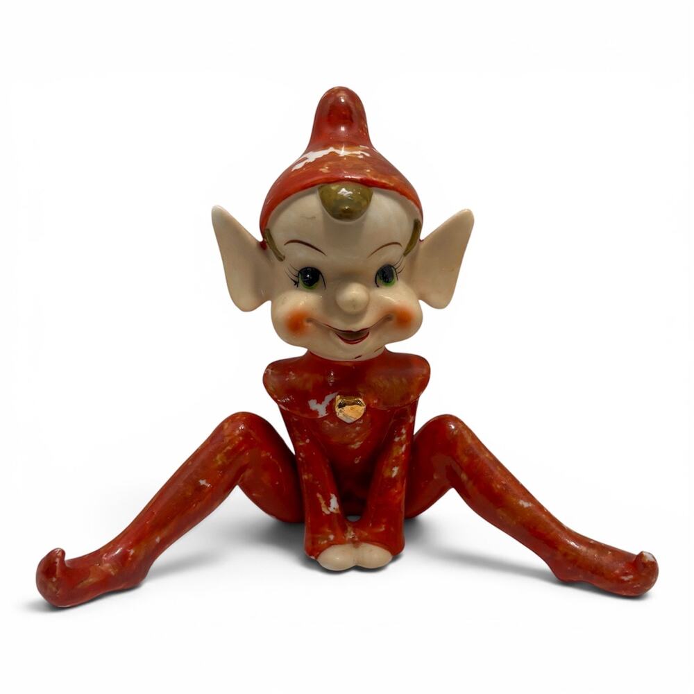 Vintage Ceramic Pixie Elf Sitting Figurine Kitschy 1950s MCM Red & Gold Japan
